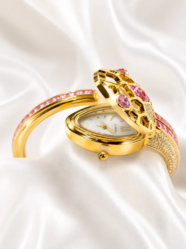 Luxury_Pink_Crystal_Hidden_Dial_Bracelet_Watch_for_Women_|_Rose_Pink_Gemstone_Designer_Bangle_Watch_|_Premium_Jewelry_Style_Analog_Watch