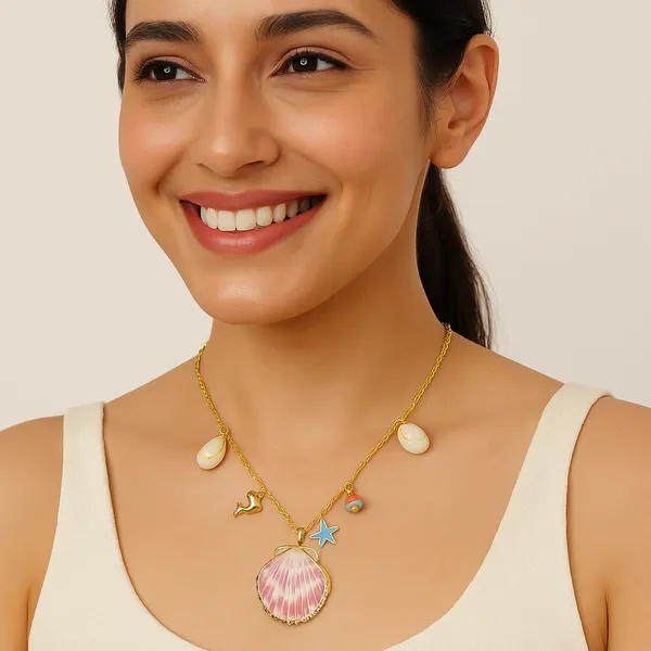 18K_Gold_Plated_Stainless_Steel_Seashell_Pendant_Necklace_With_Ocean_Charms_|_Anti-Tarnish,_Waterproof