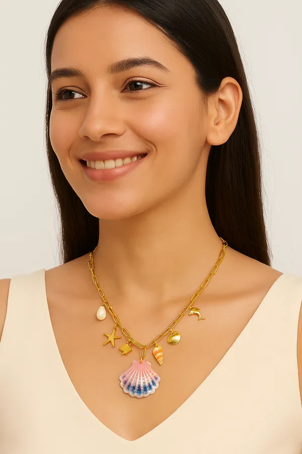 18K_Gold_Plated_Stainless_Steel_Ocean_Charm_Necklace_Chain_With_Seashell,_Starfish_&_Dolphin_Pendants_|_Anti-Tarnish,_Waterproof