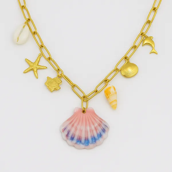 18K_Gold_Plated_Stainless_Steel_Ocean_Charm_Necklace_Chain_With_Seashell,_Starfish_&_Dolphin_Pendants_|_Anti-Tarnish,_Waterproof