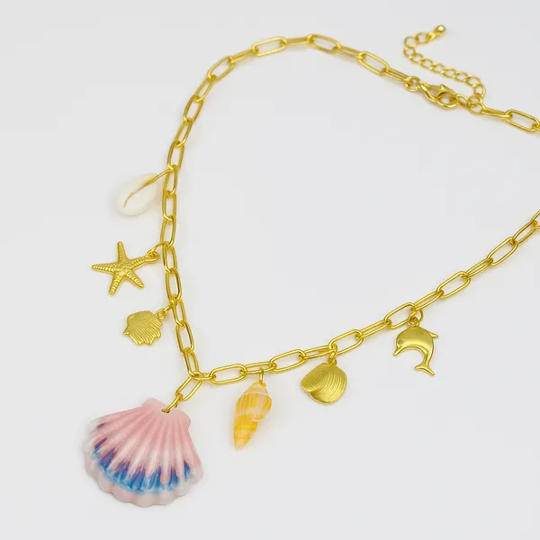 18K_Gold_Plated_Stainless_Steel_Ocean_Charm_Necklace_Chain_With_Seashell,_Starfish_&_Dolphin_Pendants_|_Anti-Tarnish,_Waterproof