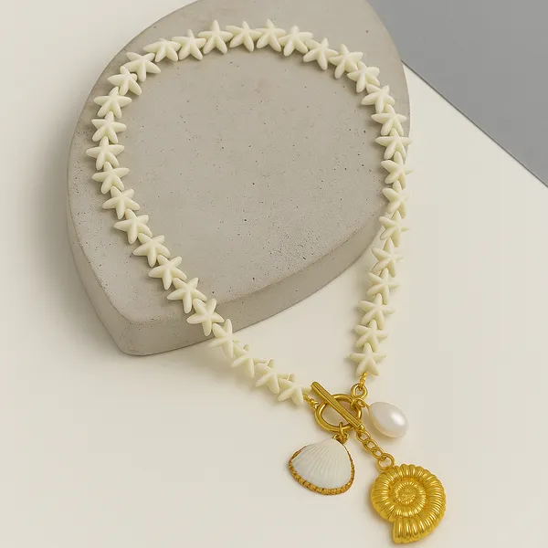18K_Gold_Plated_Stainless_Steel_Star_Bead_Seashell_&_Pearl_Charm_Necklace_Anti-Tarnish,_Waterproof