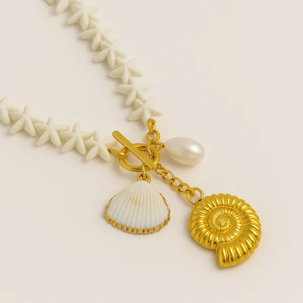 18K_Gold_Plated_Stainless_Steel_Star_Bead_Seashell_&_Pearl_Charm_Necklace_Anti-Tarnish,_Waterproof
