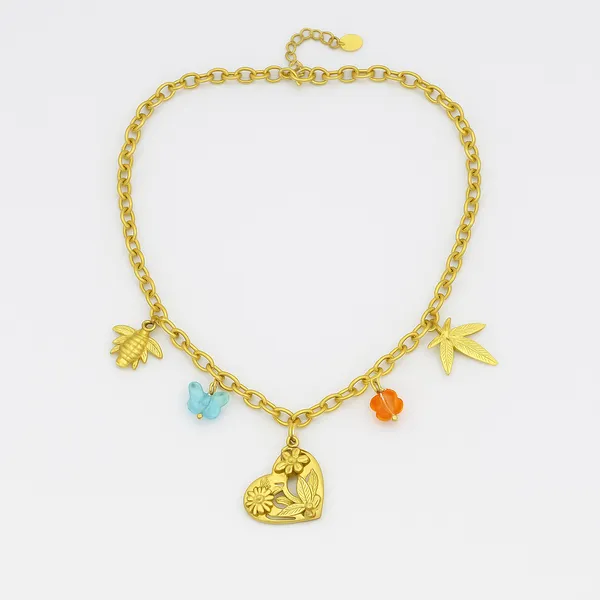 18K_Gold_Plated_Stainless_Steel_Heart_Charm_Necklace_Chain_With_Butterfly,_Bee_&_Floral_Motifs_|_Anti-Tarnish,_Waterproof