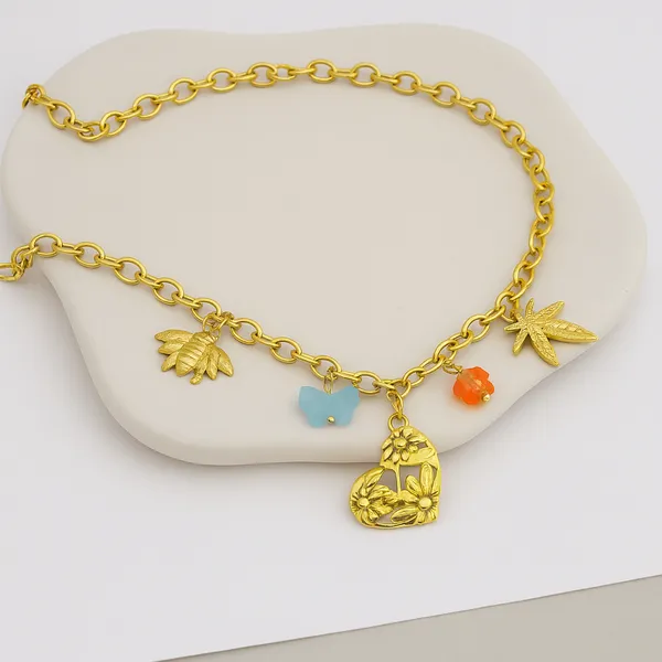 18K_Gold_Plated_Stainless_Steel_Heart_Charm_Necklace_Chain_With_Butterfly,_Bee_&_Floral_Motifs_|_Anti-Tarnish,_Waterproof