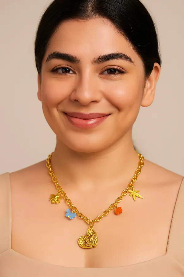 18K_Gold_Plated_Stainless_Steel_Heart_Charm_Necklace_Chain_With_Butterfly,_Bee_&_Floral_Motifs_|_Anti-Tarnish,_Waterproof