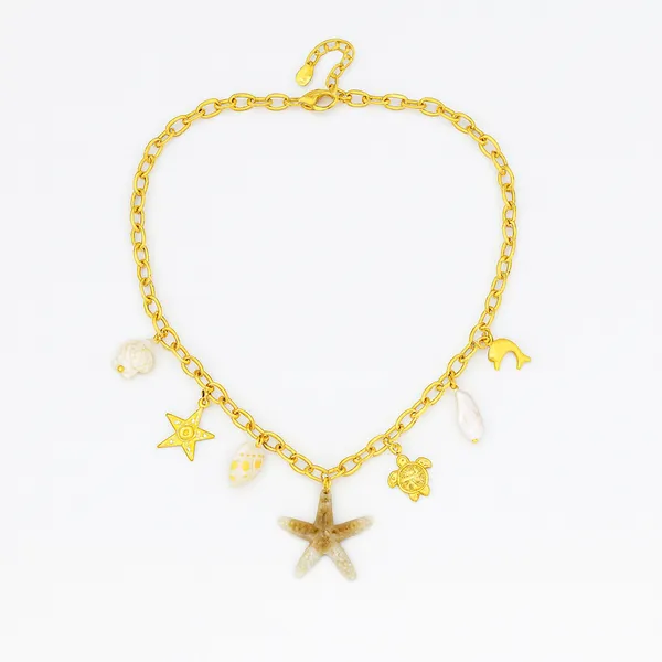 18K_Gold_Plated_Stainless_Steel_Ocean_Starfish_Charm_Necklace_Chain_With_Shell,_Pearl_&_Sea_Turtle_Pendants_|_Anti-Tarnish,_Waterproof