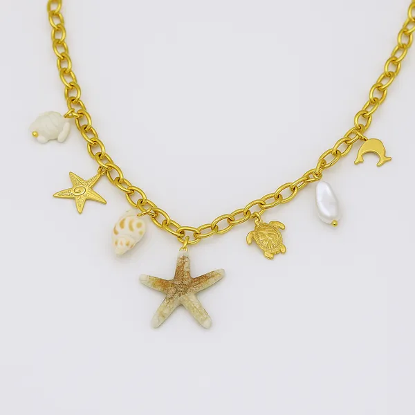 18K_Gold_Plated_Stainless_Steel_Ocean_Starfish_Charm_Necklace_Chain_With_Shell,_Pearl_&_Sea_Turtle_Pendants_|_Anti-Tarnish,_Waterproof