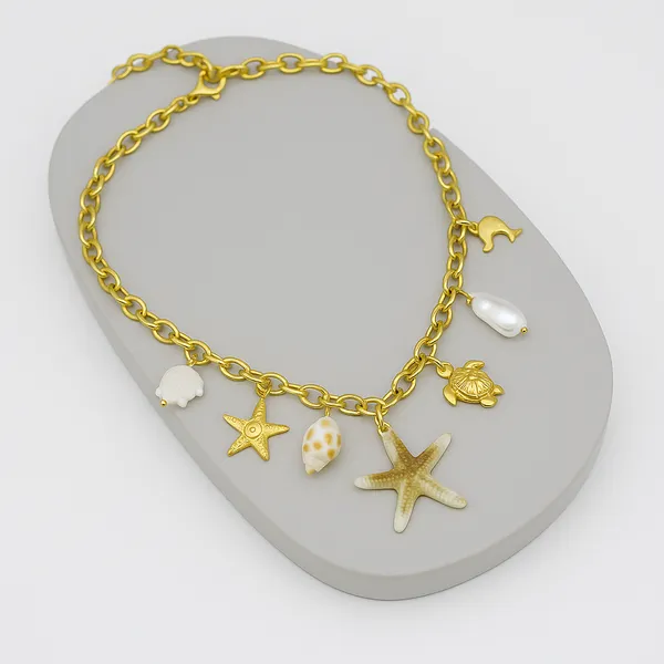 18K_Gold_Plated_Stainless_Steel_Ocean_Starfish_Charm_Necklace_Chain_With_Shell,_Pearl_&_Sea_Turtle_Pendants_|_Anti-Tarnish,_Waterproof