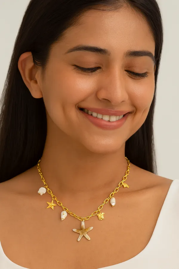 18K_Gold_Plated_Stainless_Steel_Ocean_Starfish_Charm_Necklace_Chain_With_Shell,_Pearl_&_Sea_Turtle_Pendants_|_Anti-Tarnish,_Waterproof