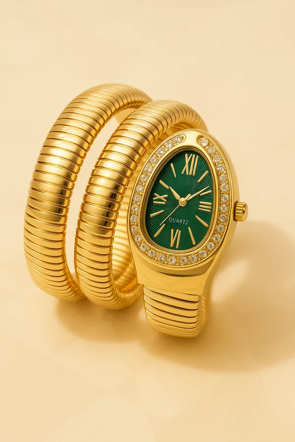 Ziwels_Serpent-Style_Gold_Coil_Watch_–_Gold_Plated_Stainless_Steel_|_Green_Dial_with_Diamond_Border_|_Waterproof_&_Anti-Tarnish