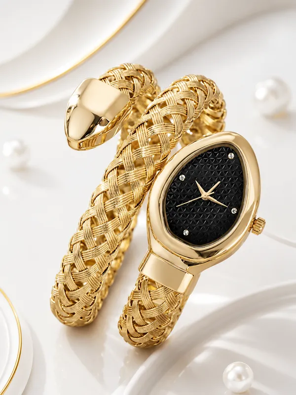 Ziwels_Luxe_Weave_Gold_Bracelet_Watch_for_Women_–_Black_Textured_Dial_Premium_Analog_Timepiece