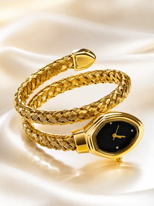 Ziwels_Luxe_Weave_Gold_Bracelet_Watch_for_Women_–_Black_Textured_Dial_Premium_Analog_Timepiece