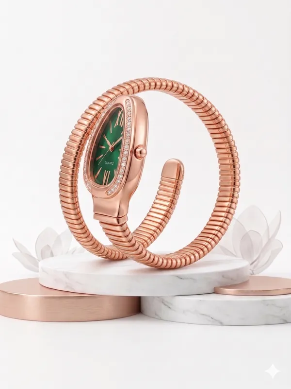 Ziwels_Luxury_Rose_Gold_Snake_Coil_One-Layer_Watch_for_Women_|_Elegant_Green_Dial_Quartz_Bracelet_Watch_|_Premium_Stylish_Wristwatch