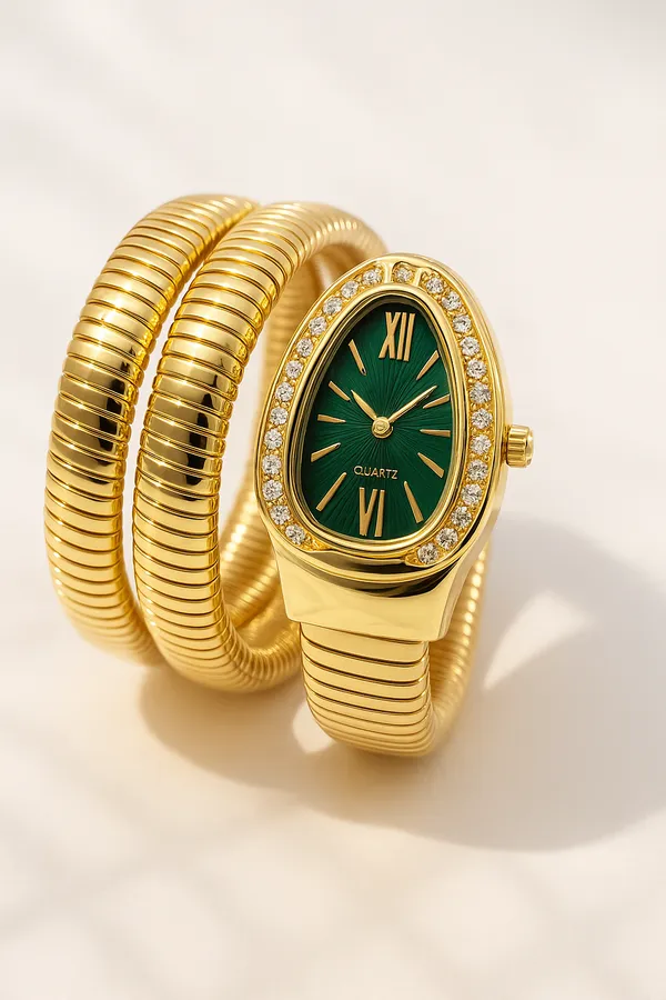 Ziwels_Serpent-Style_Gold_Coil_Watch_–_Gold_Plated_Stainless_Steel_|_Green_Dial_with_Diamond_Border_|_Waterproof_&_Anti-Tarnish