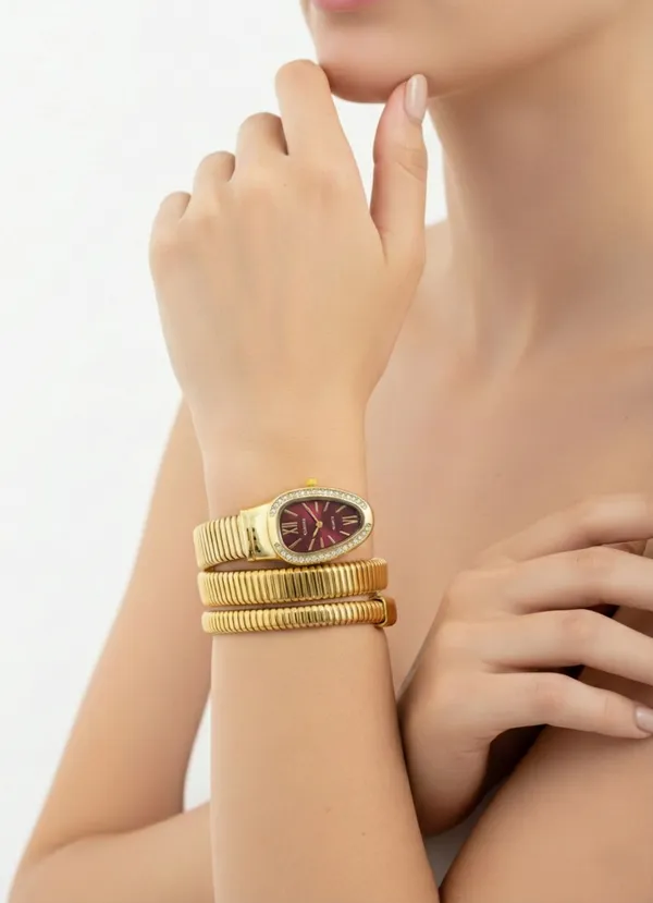 Ziwels_Luxury_Gold_Coil_Womens_Watch_Maroon_Dial_|_Triple_Wrap_Serpent_Design_|_Crystal_Bezel_Premium_Timepiece