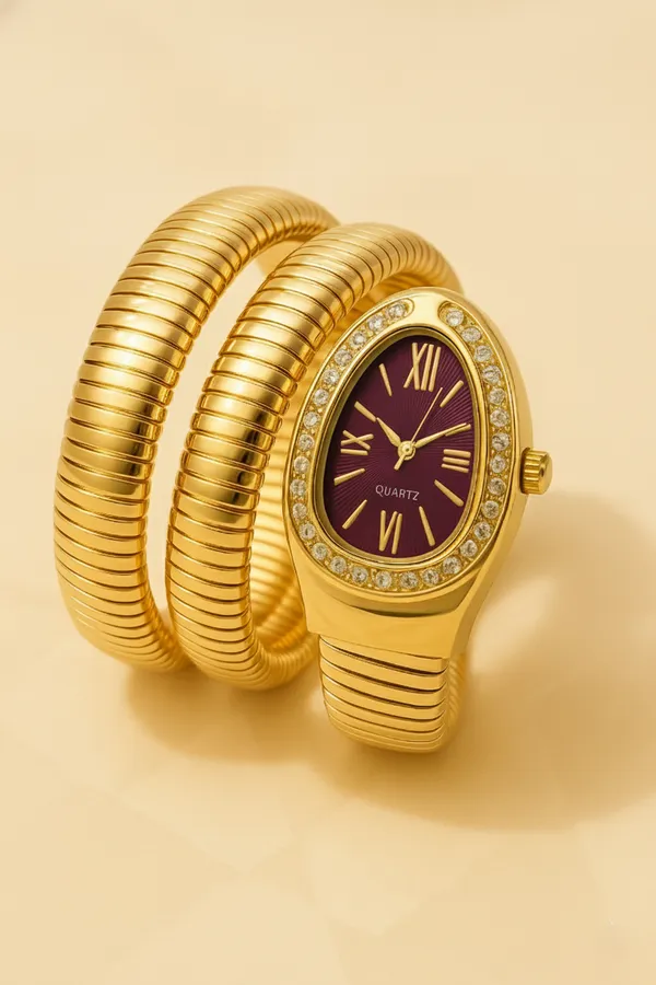 Ziwels_Luxury_Gold_Coil_Womens_Watch_Maroon_Dial_|_Triple_Wrap_Serpent_Design_|_Crystal_Bezel_Premium_Timepiece