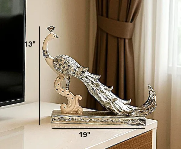 White_&_Gold_Resin_Decorative_Peacock_Statue_(H_13_X_W_19_In)