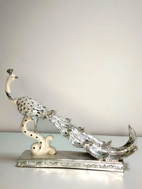 White_&_Gold_Resin_Decorative_Peacock_Statue_(H_13_X_W_19_In)