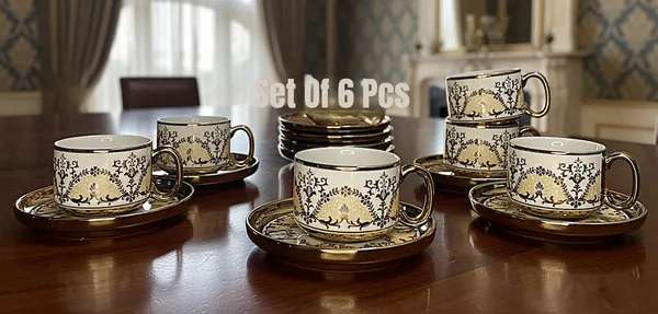 White_&_Gold_Ceramic_Tea_Cup_And_Saucer_Set_(Pack_Of_6_Pcs)