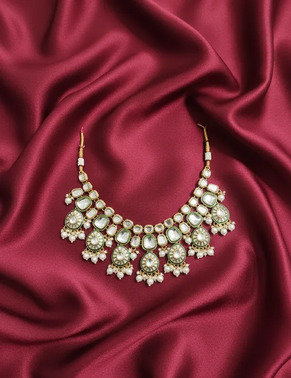 White_&_Green_KUNDAN_POLKI_NECKLACE_SET_For_Women