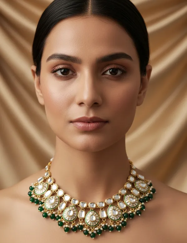 Green_kundan_single_layer_green_necklace_set_For_Women