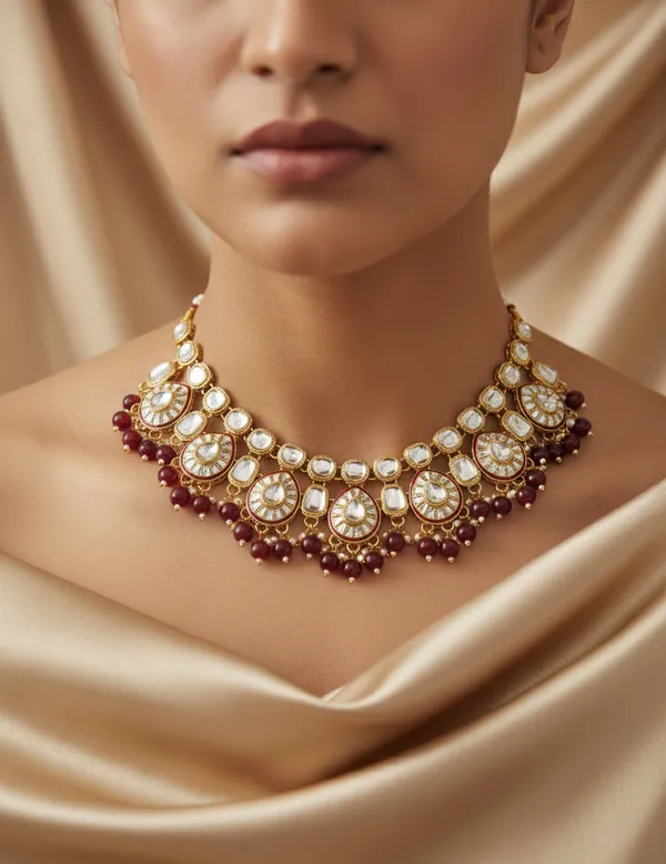 Maroon_kundan_single_layer_green_necklace_set_For_Women