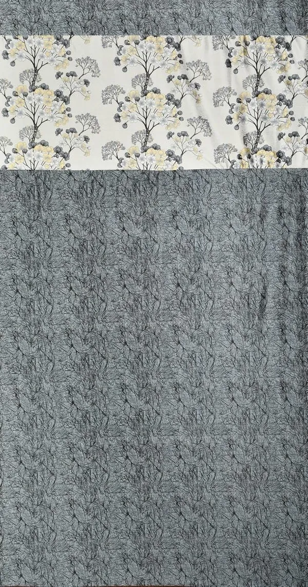 Grey_And_Yellow_Floral_Print_Grommet_Curtain_Panel,_And_Yellow_Tree_Pattern,_Textured_Border_Design