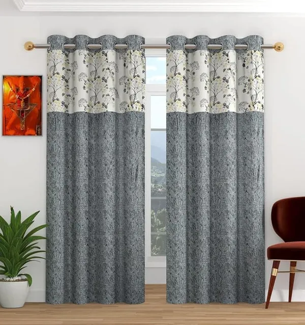 Grey_And_Yellow_Floral_Print_Grommet_Curtain_Panel,_And_Yellow_Tree_Pattern,_Textured_Border_Design