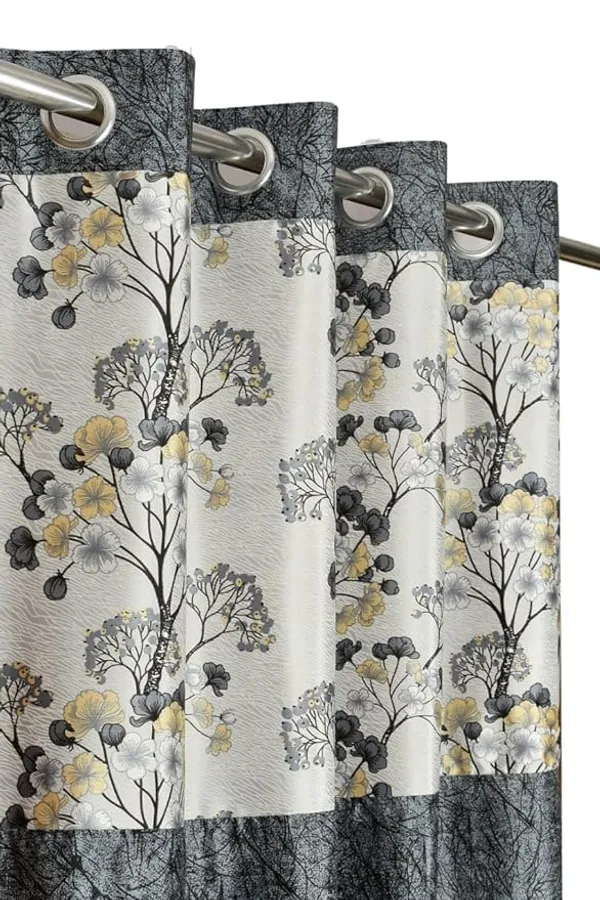 Grey_And_Yellow_Floral_Print_Grommet_Curtain_Panel,_And_Yellow_Tree_Pattern,_Textured_Border_Design