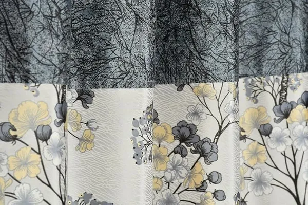 Grey_And_Yellow_Floral_Print_Grommet_Curtain_Panel,_And_Yellow_Tree_Pattern,_Textured_Border_Design