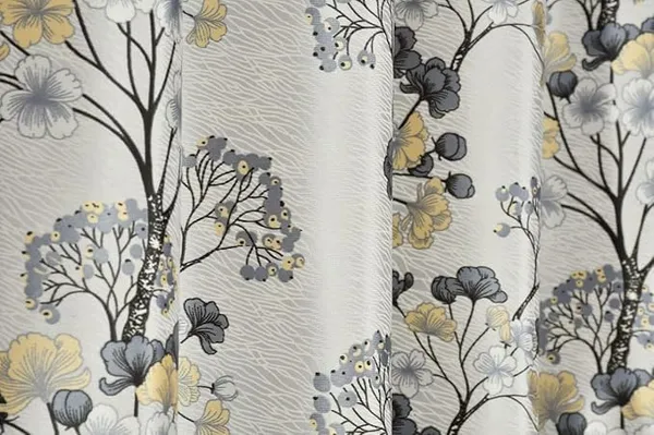 Grey_And_Yellow_Floral_Print_Grommet_Curtain_Panel,_And_Yellow_Tree_Pattern,_Textured_Border_Design