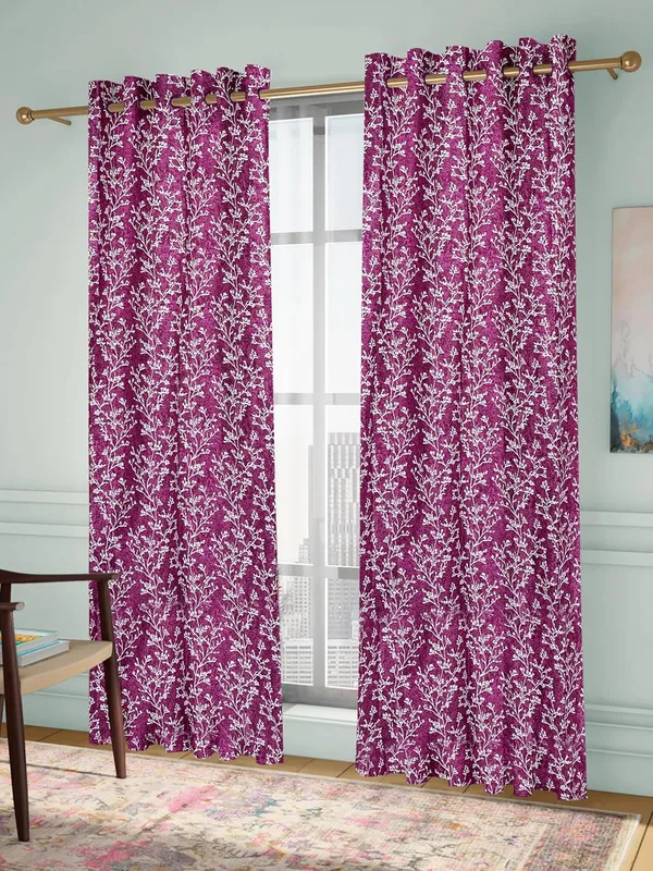 Wine_Elegant_Floral_Print_Polyester_Door_Curtains_Set_Of_2_Pcs,_Wine_Color_With_Eyelet_Design,_Room_Darkening_Drapes_Door_7X4_(Wine)