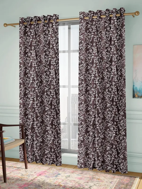 Brown_Elegant_Floral_Print_Polyester_Door_Curtains_Set_Of_2_Pcs,_Wine_Color_With_Eyelet_Design,_Room_Darkening_Drapes_Door_7X4_