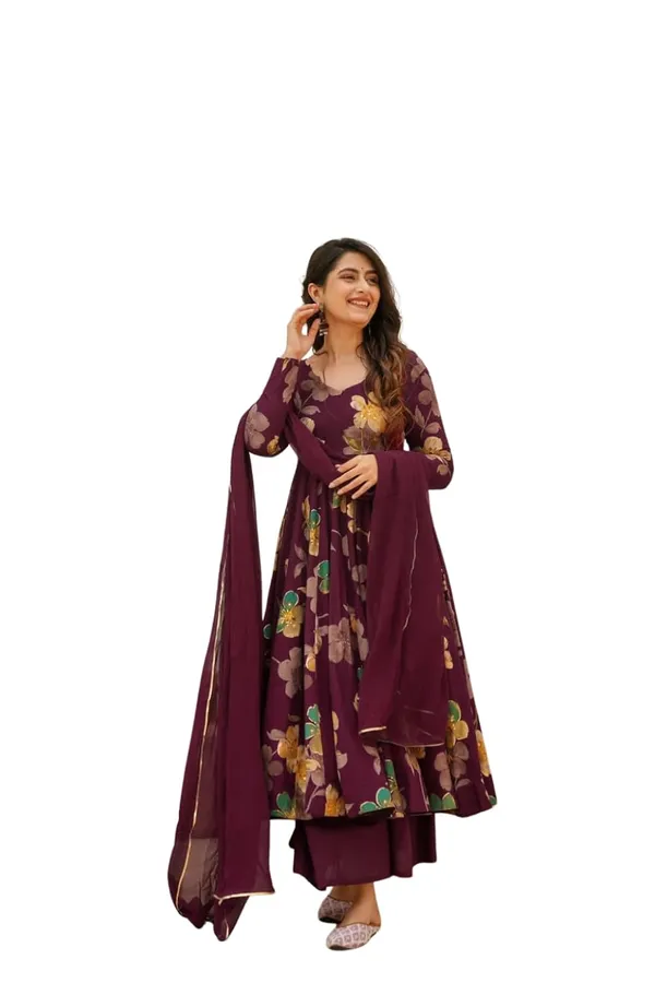 Maroon_Rayon_Premium_&_Elegant_Round_Neck_Anarkali_Knee_Length_Kurta_Set_With_Dupatta_For_Women