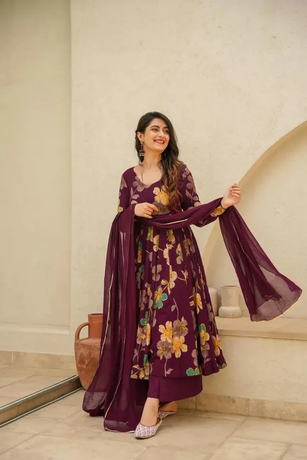 Maroon_Rayon_Premium_&_Elegant_Round_Neck_Anarkali_Knee_Length_Kurta_Set_With_Dupatta_For_Women