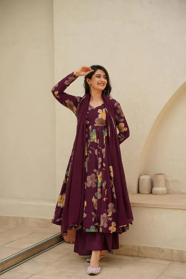 Maroon_Rayon_Premium_&_Elegant_Round_Neck_Anarkali_Knee_Length_Kurta_Set_With_Dupatta_For_Women