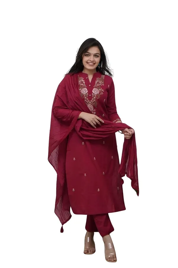 Maroon_Rayon_Premium_&_Elegant_Collar_Neck_A-Line_Knee_Length_Kurta_Set_With_Dupatta_For_Women