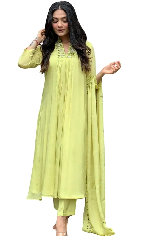 Lemonyellow_Viscose_Chanderi_Premium_&_Elegant_V_Neck_A-Line_Kurta_Set_With_Dupatta_For_Women