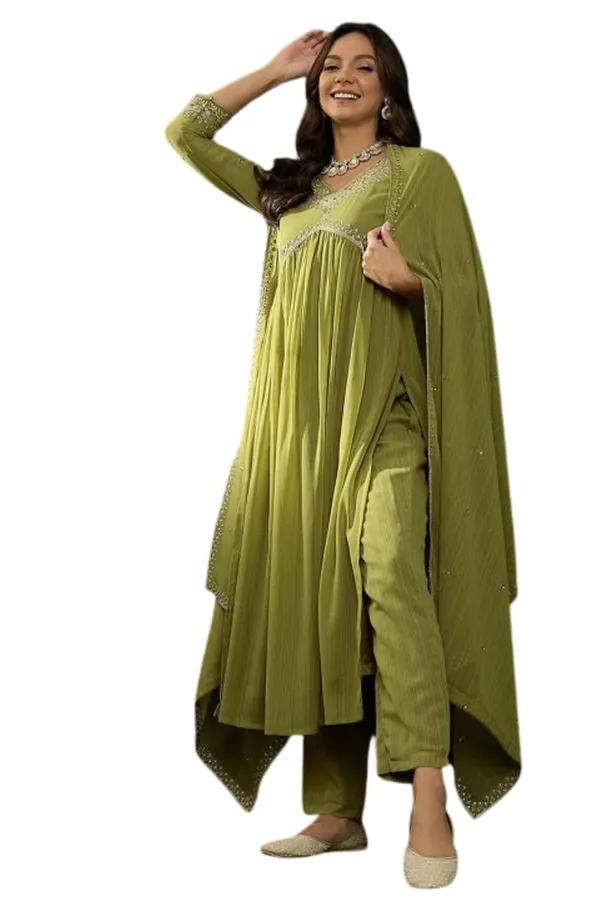 Piuart_Georgette_Premium_&_Elegant_V_Neck_A-Line_Knee_Length_Kurta_Set_With_Dupatta_For_Women