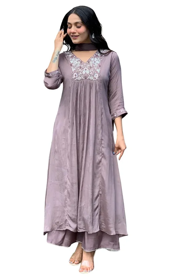Purple_Viscose_Chinnon_Premium_&_Elegant_V_Neck_A-Line_Kurta_Set_With_Dupatta_For_Women