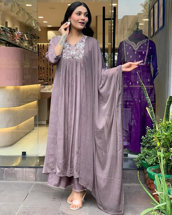 Purple_Viscose_Chinnon_Premium_&_Elegant_V_Neck_A-Line_Kurta_Set_With_Dupatta_For_Women