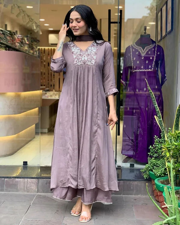 Purple_Viscose_Chinnon_Premium_&_Elegant_V_Neck_A-Line_Kurta_Set_With_Dupatta_For_Women