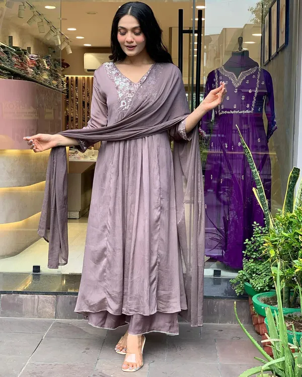 Purple_Viscose_Chinnon_Premium_&_Elegant_V_Neck_A-Line_Kurta_Set_With_Dupatta_For_Women