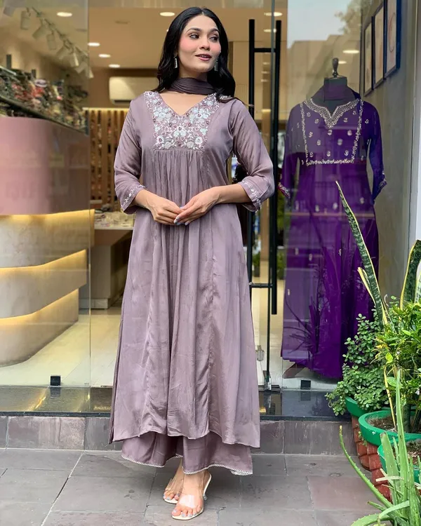 Purple_Viscose_Chinnon_Premium_&_Elegant_V_Neck_A-Line_Kurta_Set_With_Dupatta_For_Women