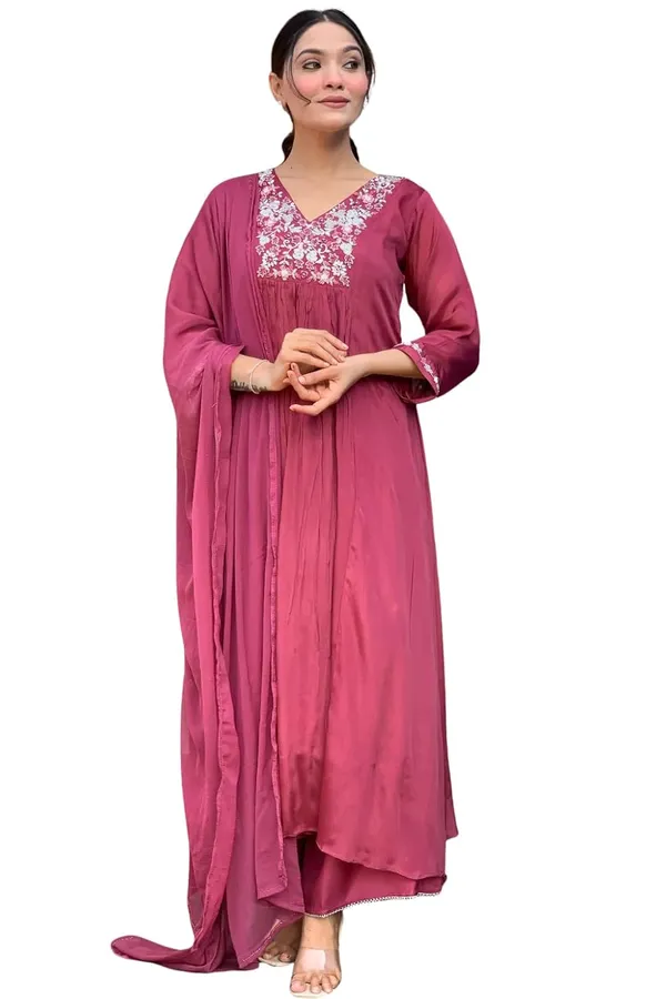 Peach_Viscose_Chinnon_Premium_&_Elegant_V_Neck_A-Line_Knee_Length_Kurta_Set_With_Dupatta_For_Women