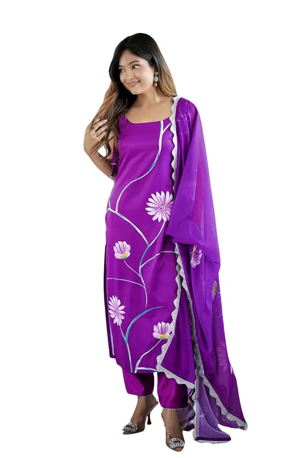 Purple_Viscose_French_Crepe_Premium_&_Elegant_Round_Neck_A-Line_Knee_Length_Kurta_Set_With_Dupatta_For_Women