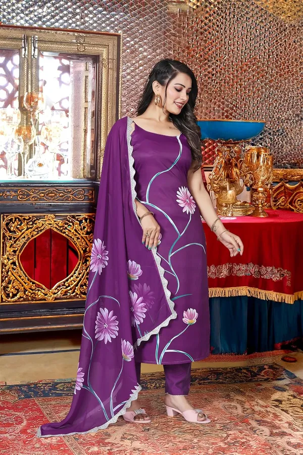 Purple_Viscose_French_Crepe_Premium_&_Elegant_Round_Neck_A-Line_Knee_Length_Kurta_Set_With_Dupatta_For_Women