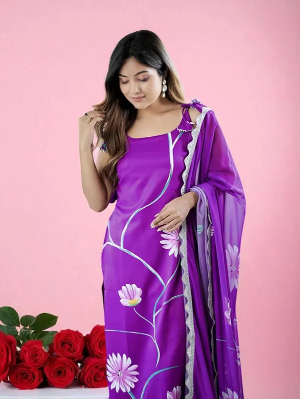 Purple_Viscose_French_Crepe_Premium_&_Elegant_Round_Neck_A-Line_Knee_Length_Kurta_Set_With_Dupatta_For_Women