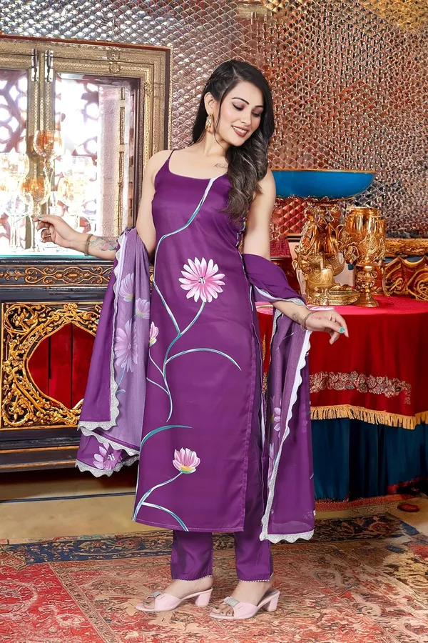 Purple_Viscose_French_Crepe_Premium_&_Elegant_Round_Neck_A-Line_Knee_Length_Kurta_Set_With_Dupatta_For_Women